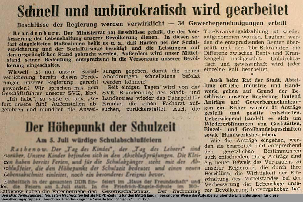 Gewerbegenehmigungen, Quelle: Brandenburgische Neueste Nachrichten, 21. Juni 1953
