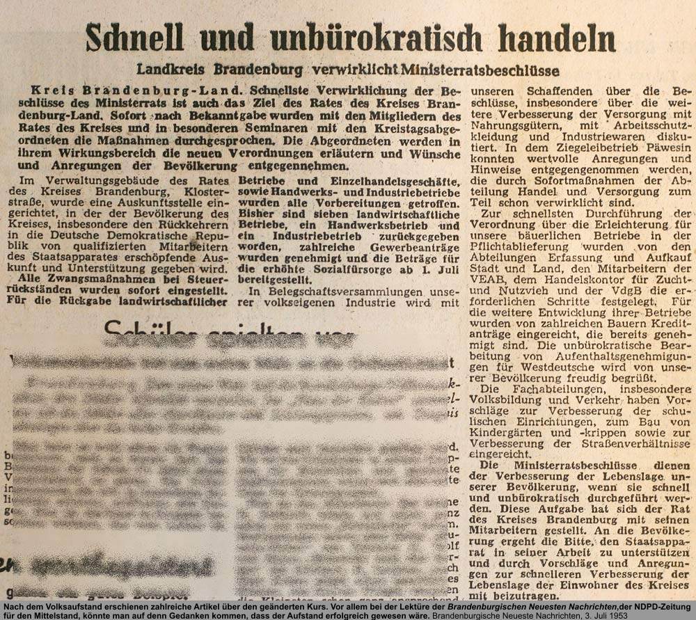 Unbürokratisches Arbeiten, Quelle: Brandenburgische Neueste Nachrichten, 3. Juli 1953
