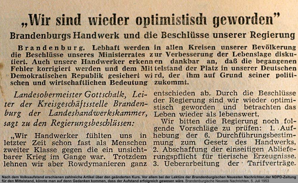 Handwerk optimistisch, Quelle: Brandenburgische Neueste Nachrichten, 5. Juli 1953