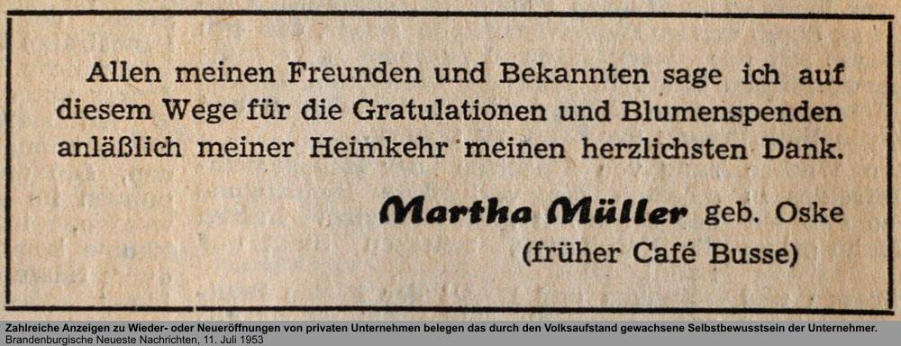 Reklame Café Busse (Müller), Quelle: Brandenburgische Neueste Nachrichten, 11. Juli 1953