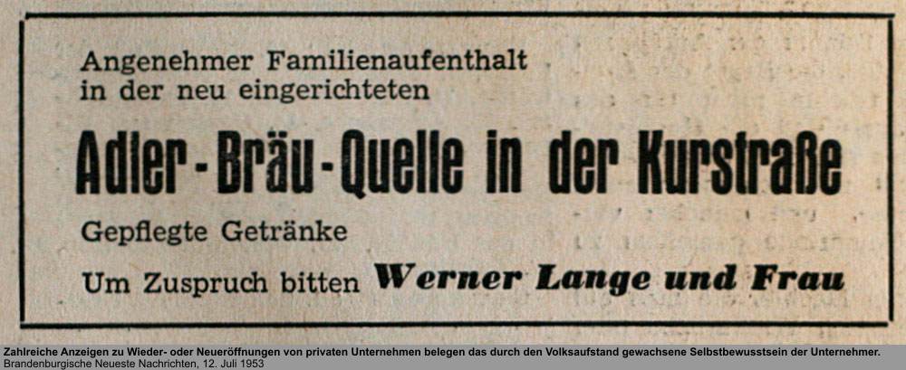 Reklame Adler-Bräu-Quelle, Quelle: Brandenburgische Neueste Nachrichten, 12. Juli 1953
