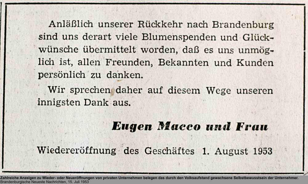 Reklame Macco, Quelle Brandenburgische Neueste Nachrichten, 15. Juli 1953