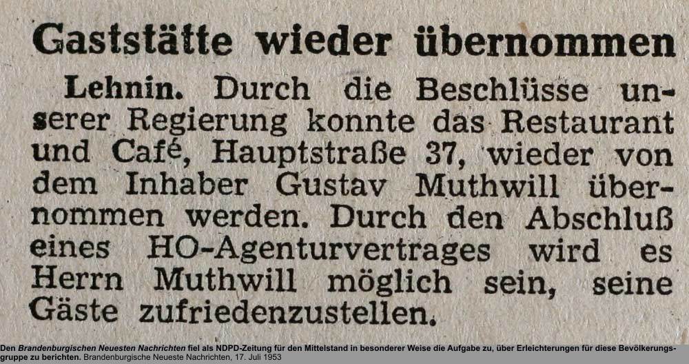 GS wieder übernommen (Lehnin), Quelle: Brandenburgische Neueste Nachrichten, 17. Juli 1953