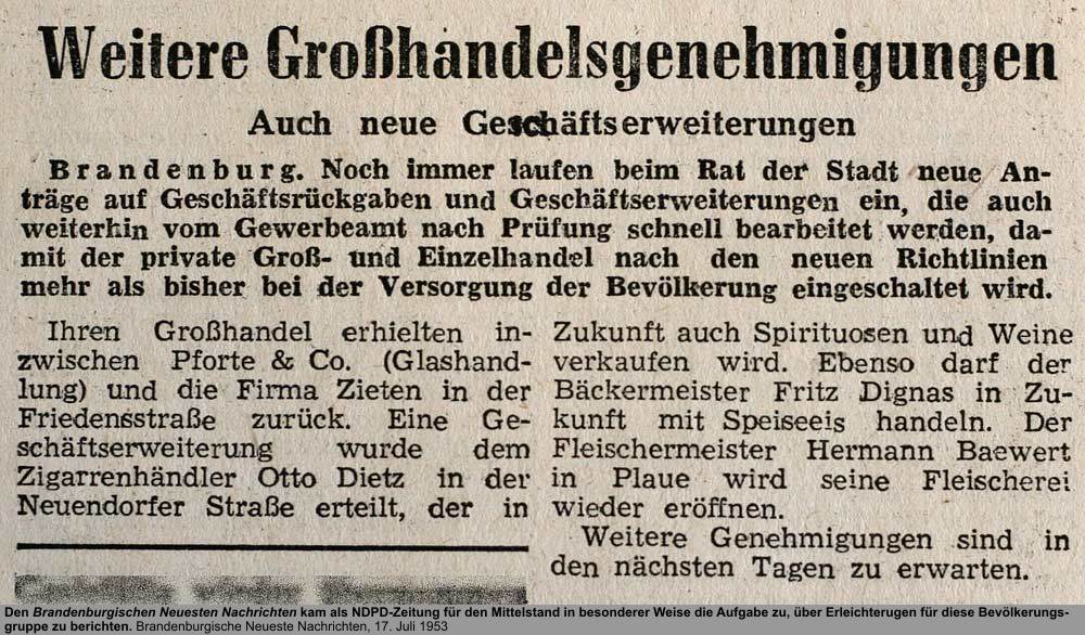 Großhandel genehmigt, Quelle: Brandenburgische Neueste Nachrichten, 17. Juli 1953