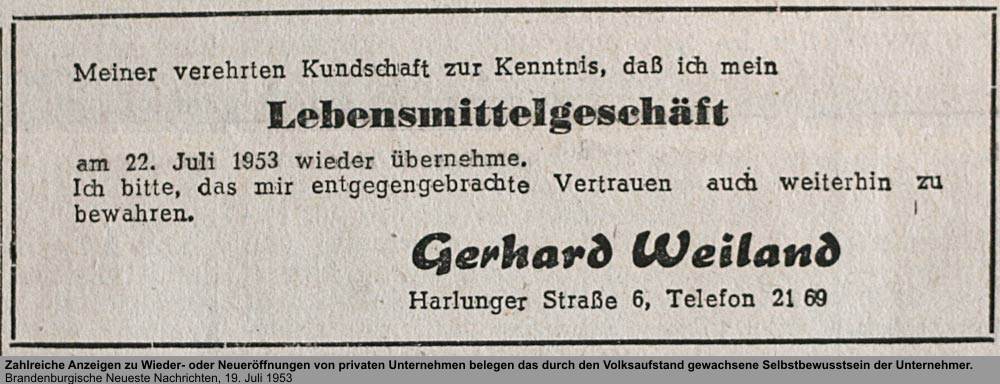 LM Weiland, Quelle: Brandenburgische Neueste Nachrichten, 19. Juli 1953