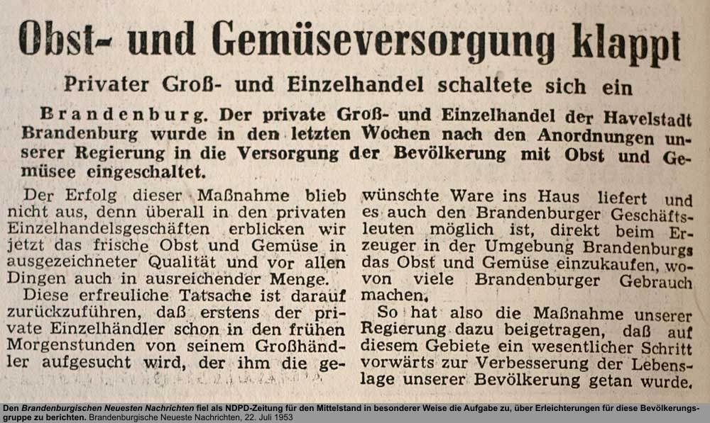 Versorgung OGS, Quelle: Brandenburgische Neueste Nachrichten, 22. Juli 1953