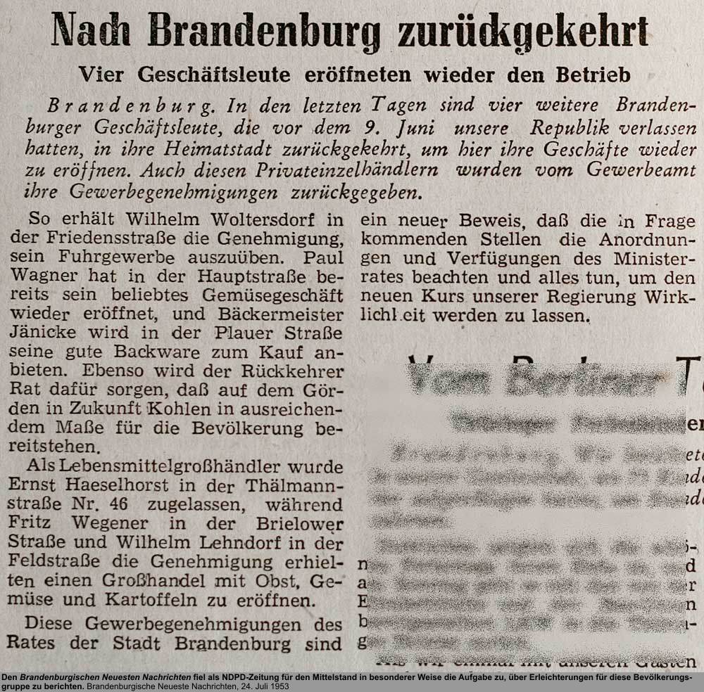 Nach Brb zurückgekehrt, Quelle: Brandenburgische Neueste Nachrichten, 24. Juli 1953