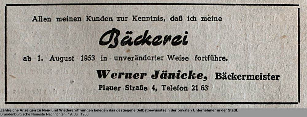 Reklame Jänicke, Quelle: Brandenburgische Neueste Nachrichten, 29. Juli 1953