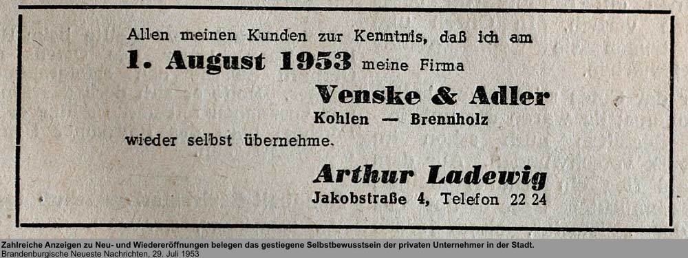 Reklame Venske und Adler, Quelle: Brandenburgische Neueste Nachrichten, 29. Juli 1953