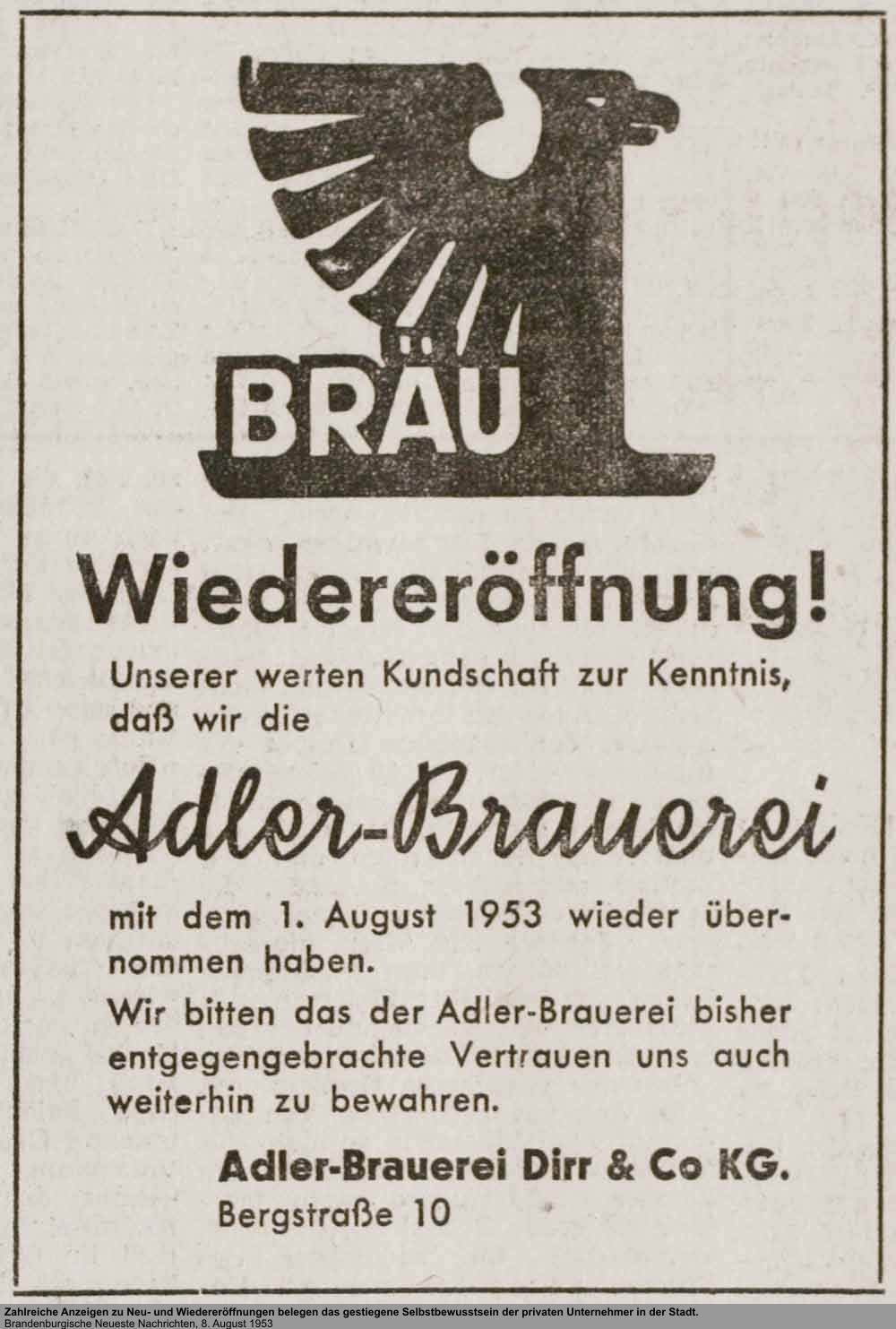 Reklame Adler Bräu Bergstr 10, Quelle: Brandenburgische Neueste Nachrichten, 8. August 1953