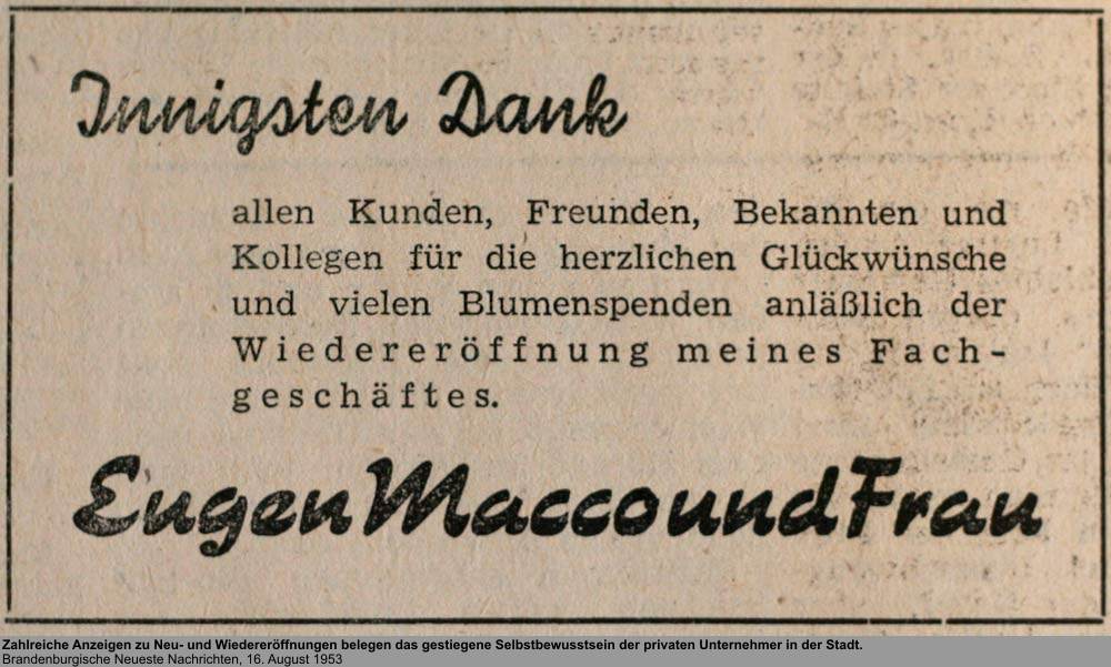 Dank Macco, Quelle: Brandenburgische Neueste Nachrichten, 16. August 1953